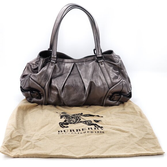Burberry Handbags - BURBERRY Calf Leather Gunmetal Gray Silver Tote Handbag Dustbag
